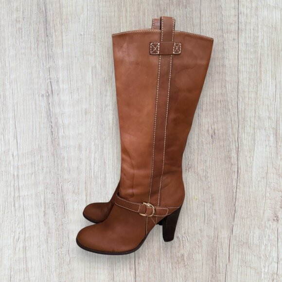 Lauren Ralph Lauren Honey Brown Valora Pull On Buckle Mid Calf Stacked Heel Boot - Picture 10 of 11